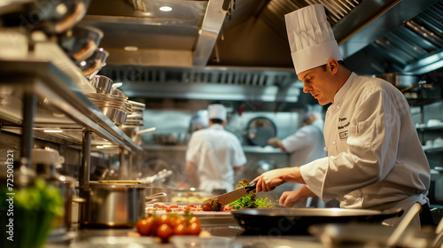 mentor chef and an apprentice in a bustling gourmet kitchen, the mentor demonstrating a cooking technique, surrounded by fresh ingredients and stainless steel cookware, warm kitchen lighting