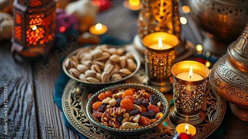 Ramadan Kareem and iftar muslim food, holiday concept. Trays with nuts and dried fruits and latterns with candles. Celebration idea photo