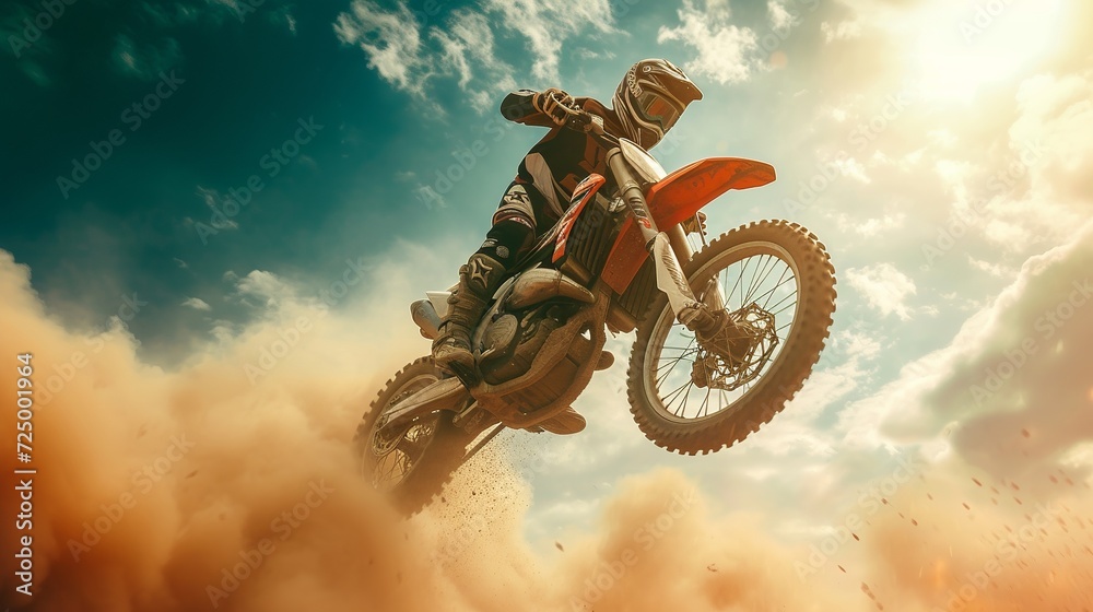 The racer on a motorcycle participates in trains on motocross in flight, jumps and takes off on a springboard against the sky. The smoke and dust fly from under  - obrazy, fototapety, plakaty 