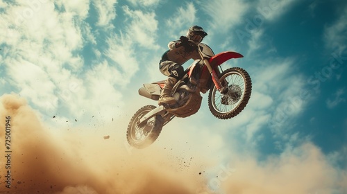 The racer on a motorcycle participates in trains on motocross in flight, jumps and takes off on a springboard against the sky. The smoke and dust fly from under 