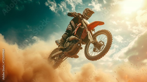 Obraz na plátne The racer on a motorcycle participates in trains on motocross in flight, jumps and takes off on a springboard against the sky