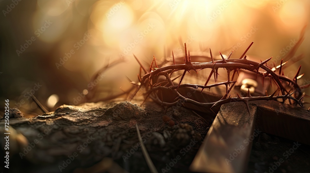 Φωτογραφία sacredness of the Passion of Jesus with a wooden cross and crown of thorns illuminated by abstract blurry light