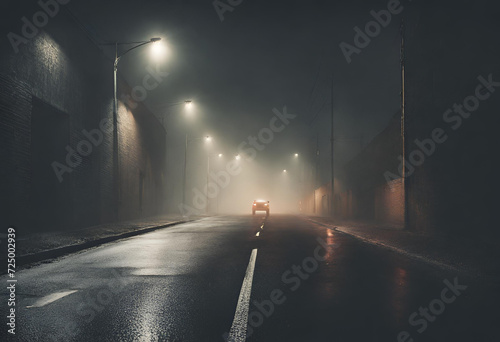 Midnight road or alley with a car driving away in the distance. Wet hazy asphalt road or alley. crime, midnight activity concept photo