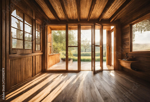 inside view of a beautiful wooden house and sun light entering from the main door