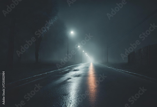 Midnight road or alley with a car driving away in the distance. Wet hazy asphalt road or alley. crime, midnight activity concept