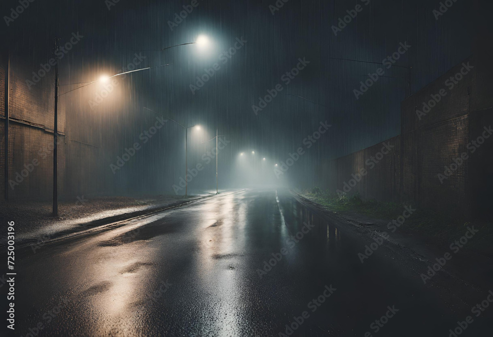 Midnight road or alley with a car driving away in the distance. Wet hazy asphalt road or alley. crime, midnight activity concept