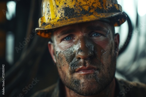 A miner with a hard hat, his face smeared with coal dust, reflects the toughness of labor.