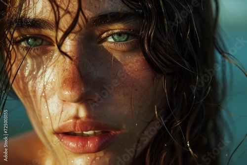 Close-up of a young woman's face, her wet hair and intense gaze suggesting a story of resilience and depth.