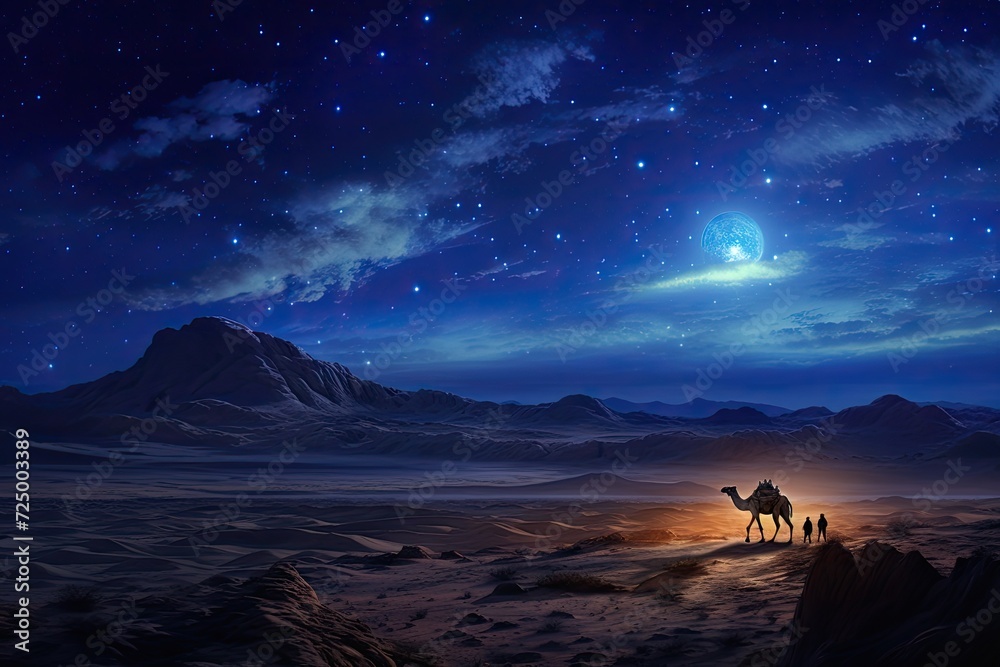 camels travel across the desert at night