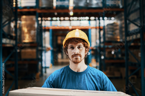 Portrait of a young caucasian male warehouse worker holding a cardboard box in a warehouse photo