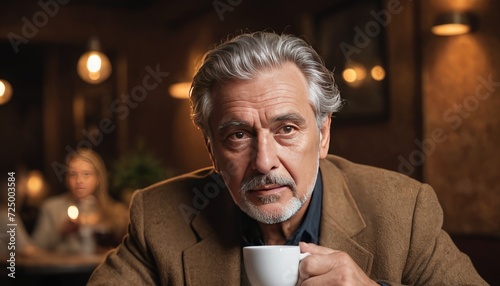 Aging Gracefully: old man, Senior Sipping Coffee in a Cozy Caffeeshop photo