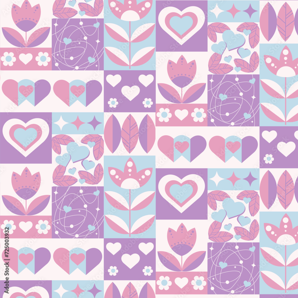 Cute spring pattern with geometric flowers and hearts