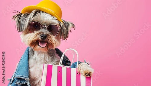 Pretty glam fashionable high end outfits puppy and shopping bag. Closeup, indoors. Studio shot. isolated on bright background advertisement, copy space, cute dog with shopping bags.