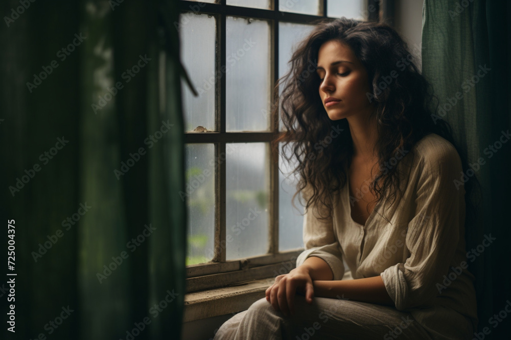 Fototapeta premium Pensive girl sitting near the window, feeling lonely or upset, thinking about problems