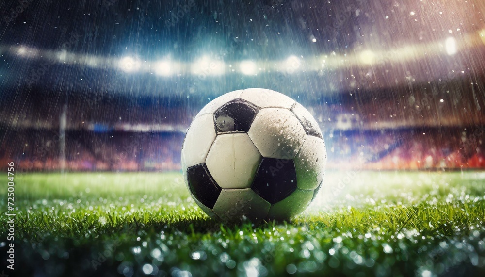 Fotos de uma bola molhada pela chuva em um gramado de um estádio de futebol a noite