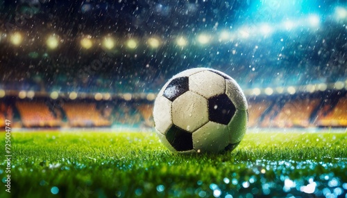 Fotos de uma bola molhada pela chuva em um gramado de um estádio de futebol a noite
