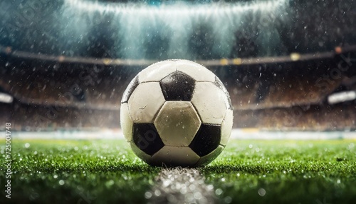 Fotos de uma bola molhada pela chuva em um gramado de um estádio de futebol a noite