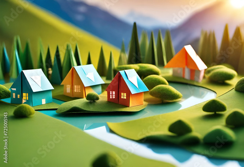 Colorful paper houses near the lake