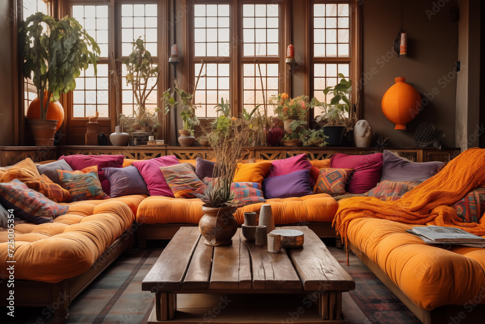 Modern living room interior design in peach fuzz colors. Living room ...