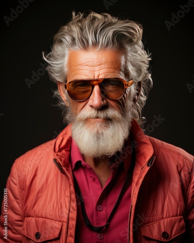 grand chic concept, stylish fashionable older man in glass on dark background