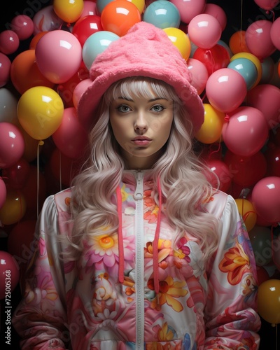 Candycore childlike concept. playful, pastel aesthetics background. girl in pink suit and hat on background of balloons.