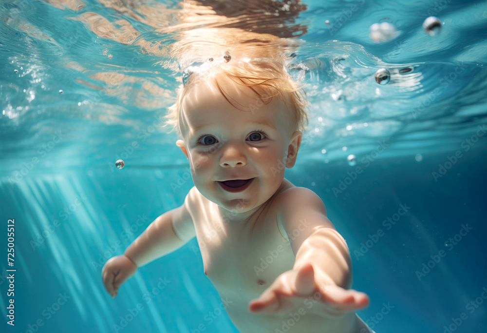 Underwater Adventure: portrait of Baby Swimming Towards the Camera with a Smile