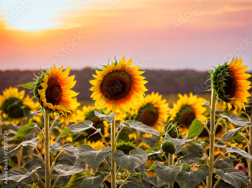Sunflowers  The Bright and Joyful Flowers that Grow Tall and Many in the Golden Landscape of Nature  Creating a Spectacle of Harmony  Beauty  and Romance at Sunset