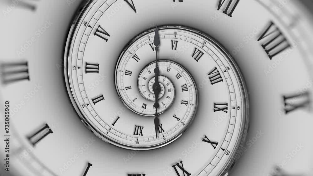 Abstract modern white spiral clock dial with roman numerals. Concept of Infinite time, deadline, scheduling, time and space, past, present and future. Abstract modern white spiral clock dial with roman numerals. Concept of Infinite time, deadline, scheduling, time and space, past, present and future.