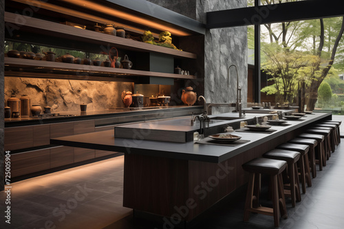 kitchen interior stylish dining room, a dinning table and stools around it , hanging pendant light and indoor plants on the table, interior design 