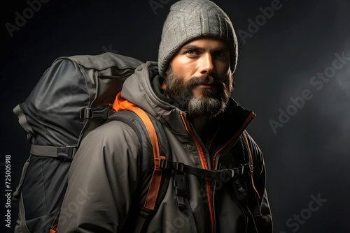 portrait of a fashionable bearded male traveler in tourist clothes