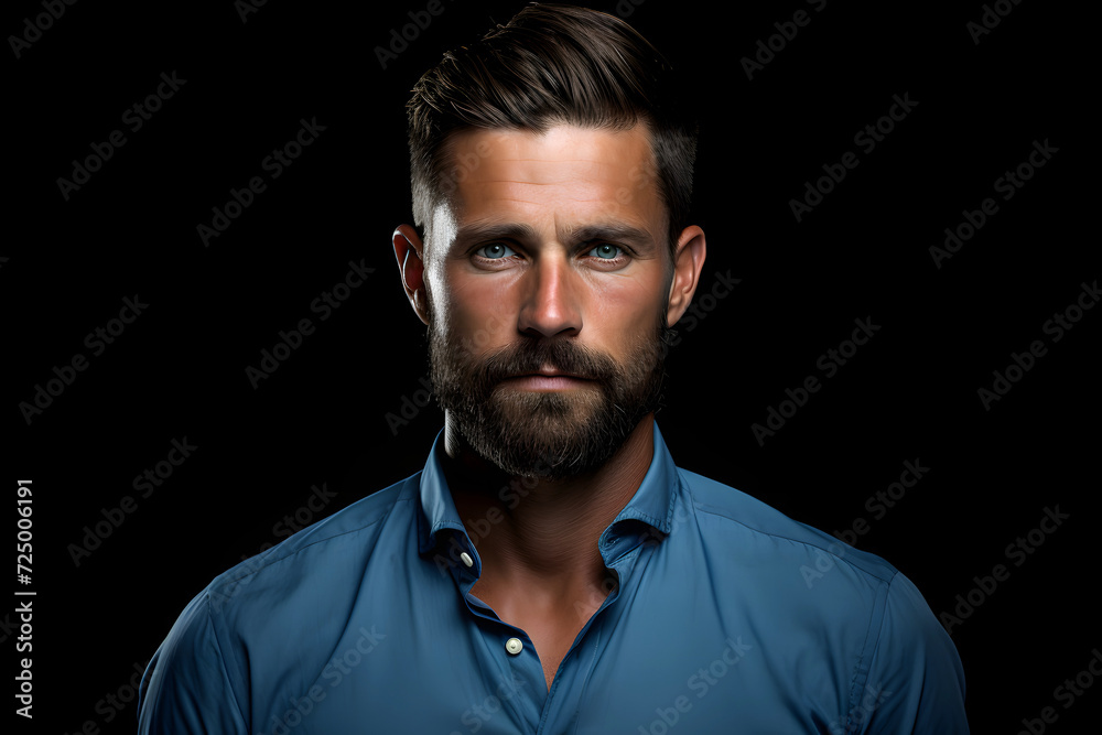 portrait of a fashionable bearded man in a blue shirt on a dark background