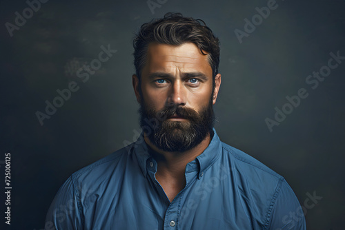 portrait of a fashionable bearded man in a blue shirt on a dark background