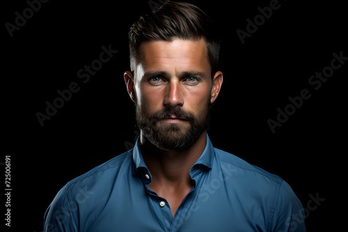 portrait of a fashionable bearded man in a blue shirt on a dark background © photosaint