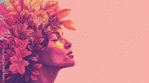 Pink Illustration of Woman's Head with Leaves and Flowers, Bright Pink Background © Matt