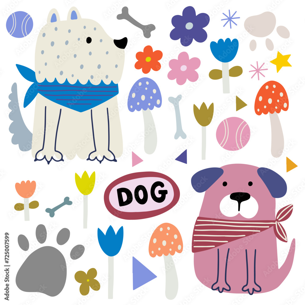 Naklejka premium Funny two dog, colorful flat illustration. Cute doggies and additional design elements, flowers.