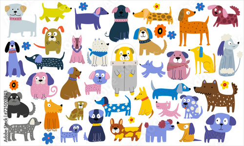 Fototapeta Naklejka Na Ścianę i Meble -  Funny dog, colorful flat illustration. Cute doggy collection, diverse domestic dogs.