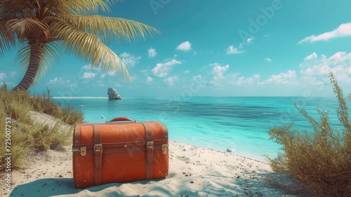 Backpack on the beach. Vacation and travel concept. Copy space