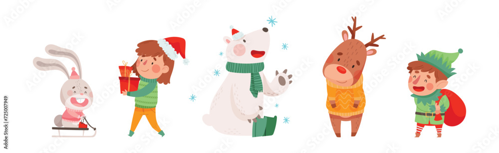 Funny Christmas Character with Bunny, Girl, Bear, Deer and Elf Vector Set Funny Christmas Character with Bunny, Girl, Bear, Deer and Elf Vector Set