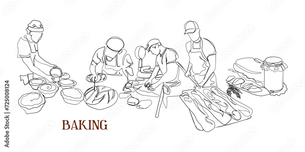 hand drawn line art vector of Home made sourdough bread prep process. Bakers and their hard work. Bread making industry