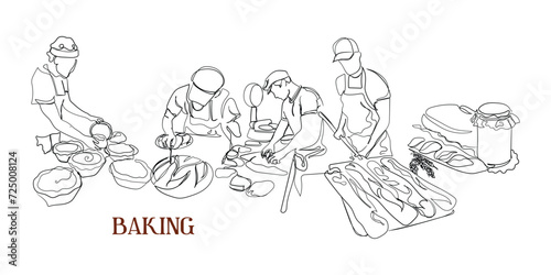 hand drawn line art vector of Home made sourdough bread prep process. Bakers and their hard work. Bread making industry