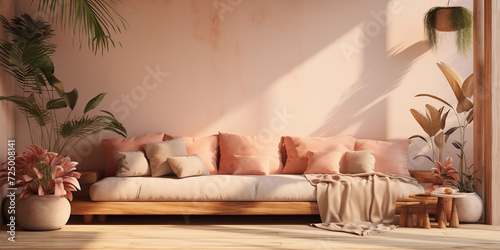 Modern living room interior design in peach fuzz colors. Living room decoration with peach colors, Peach fuzz color, with copy space., living room interior design