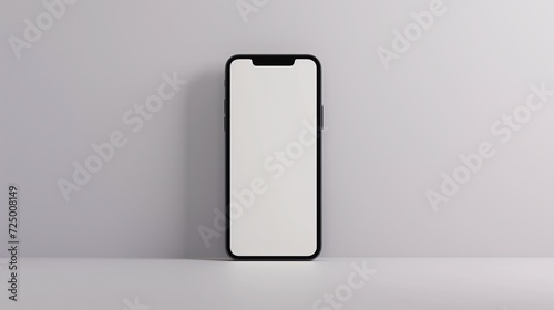 Mobile phone mockup with blank white screen, blank grey studio background 