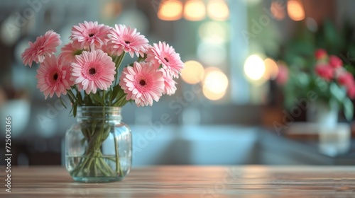 Wallpaper Mural A beautiful bouquet of gerbera stands in a glass vase on a wooden table Torontodigital.ca