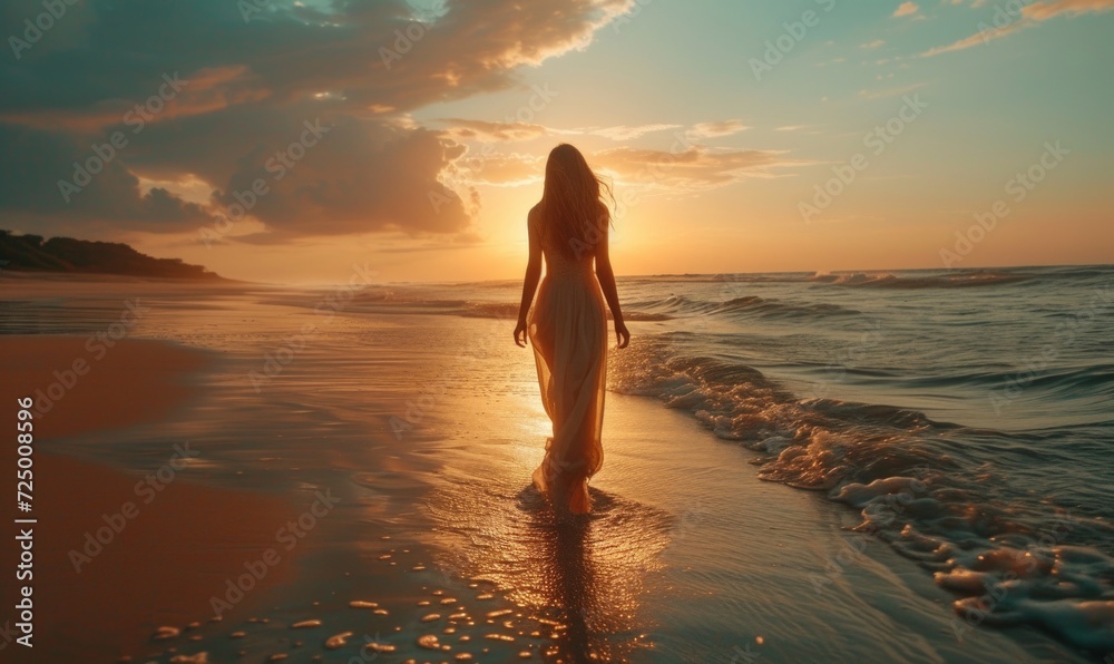 a girl in a dress walking on a beach