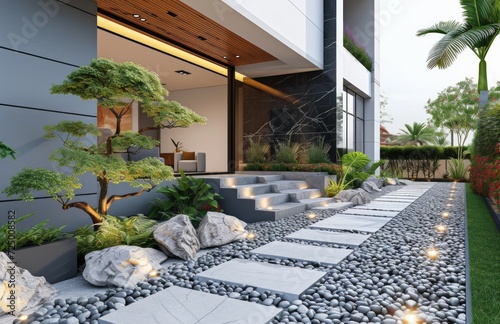 a front walkway with plants from the ground