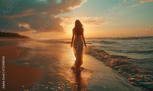 a girl in a dress walking on a beach