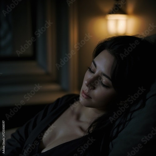 Young Woman Asleep in Dimly Lit Room With Focus on Calm Facial Expression
