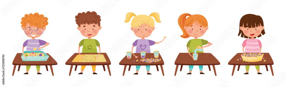 Creative Kid at Table Engaged in Handcraft Activity Vector Set Creative Kid at Table Engaged in Handcraft Activity Vector Set