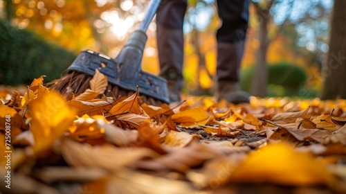 A man in the garden sweeps up fallen leaves