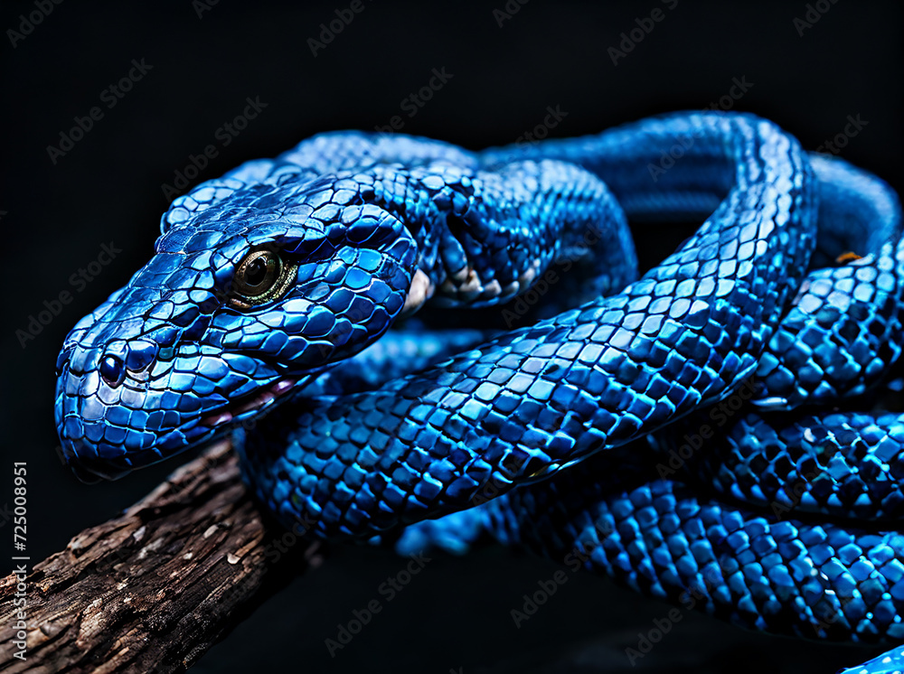 Obraz premium blue viper snake on a branch, black background